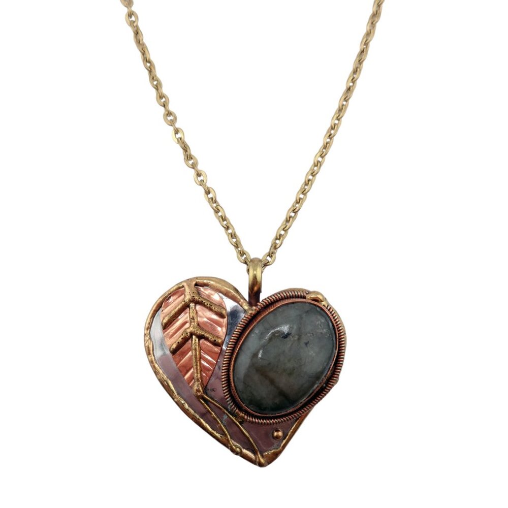 Anju Mixed Metals with Green Mineral Stone Heart Pendant Goldtone Necklace - NEW